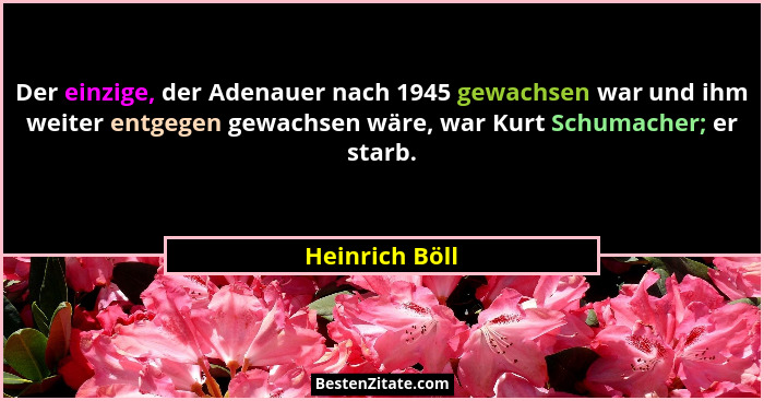 Der einzige, der Adenauer nach 1945 gewachsen war und ihm weiter entgegen gewachsen wäre, war Kurt Schumacher; er starb.... - Heinrich Böll