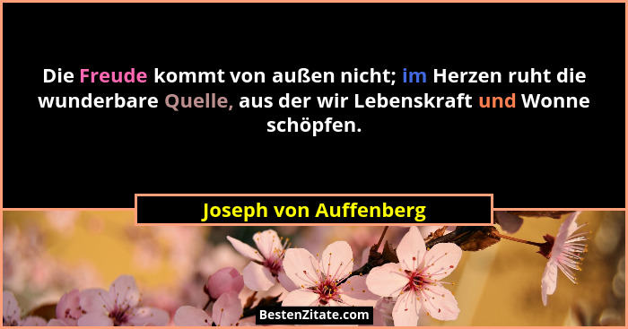 Die Freude kommt von außen nicht; im Herzen ruht die wunderbare Quelle, aus der wir Lebenskraft und Wonne schöpfen.... - Joseph von Auffenberg
