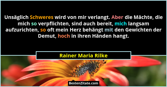Unsäglich Schweres wird von mir verlangt. Aber die Mächte, die mich so verpflichten, sind auch bereit, mich langsam aufzurichten,... - Rainer Maria Rilke