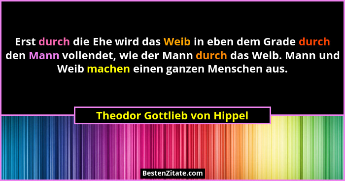 Erst durch die Ehe wird das Weib in eben dem Grade durch den Mann vollendet, wie der Mann durch das Weib. Mann und Weib... - Theodor Gottlieb von Hippel