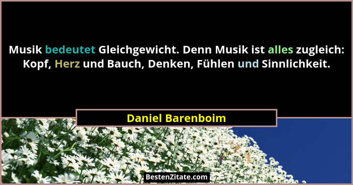 Musik bedeutet Gleichgewicht. Denn Musik ist alles zugleich: Kopf, Herz und Bauch, Denken, Fühlen und Sinnlichkeit.... - Daniel Barenboim