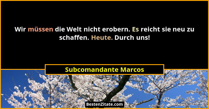 Wir müssen die Welt nicht erobern. Es reicht sie neu zu schaffen. Heute. Durch uns!... - Subcomandante Marcos