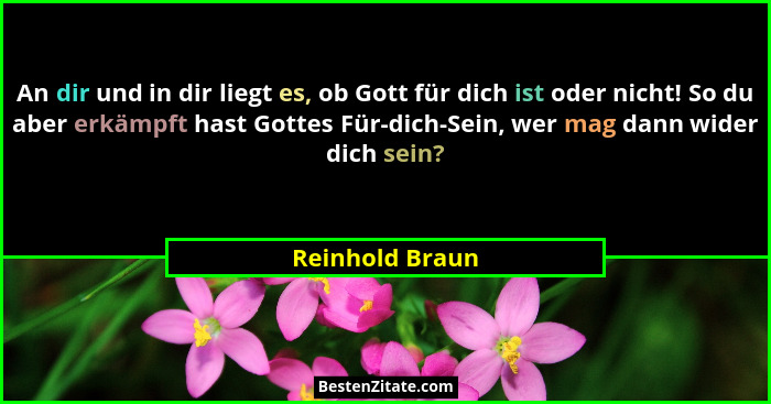 An dir und in dir liegt es, ob Gott für dich ist oder nicht! So du aber erkämpft hast Gottes Für-dich-Sein, wer mag dann wider dich s... - Reinhold Braun