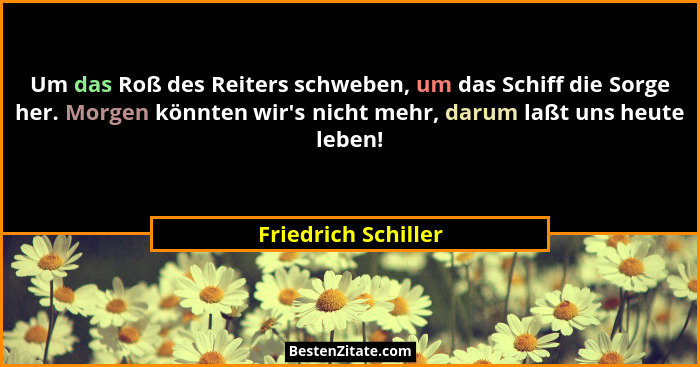 Um das Roß des Reiters schweben, um das Schiff die Sorge her. Morgen könnten wir's nicht mehr, darum laßt uns heute leben!... - Friedrich Schiller