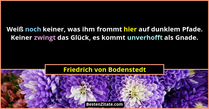Weiß noch keiner, was ihm frommt hier auf dunklem Pfade. Keiner zwingt das Glück, es kommt unverhofft als Gnade.... - Friedrich von Bodenstedt