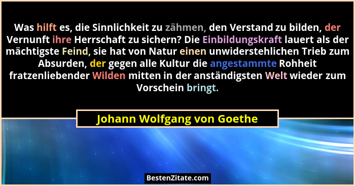 Was hilft es, die Sinnlichkeit zu zähmen, den Verstand zu bilden, der Vernunft ihre Herrschaft zu sichern? Die Einbildung... - Johann Wolfgang von Goethe