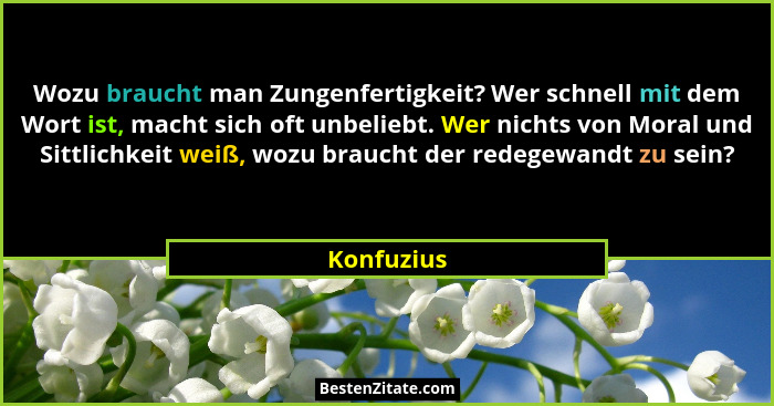 Wozu braucht man Zungenfertigkeit? Wer schnell mit dem Wort ist, macht sich oft unbeliebt. Wer nichts von Moral und Sittlichkeit weiß, woz... - Konfuzius
