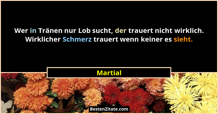 Wer in Tränen nur Lob sucht, der trauert nicht wirklich. Wirklicher Schmerz trauert wenn keiner es sieht.... - Martial