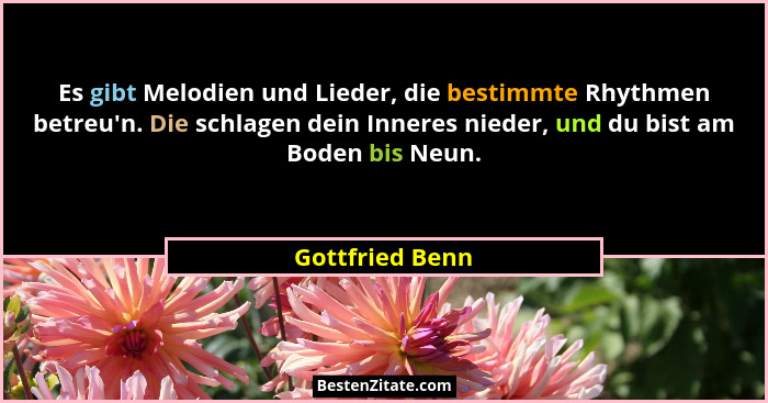 Es gibt Melodien und Lieder, die bestimmte Rhythmen betreu'n. Die schlagen dein Inneres nieder, und du bist am Boden bis Neun.... - Gottfried Benn