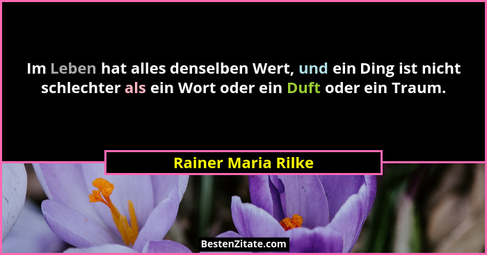 Im Leben hat alles denselben Wert, und ein Ding ist nicht schlechter als ein Wort oder ein Duft oder ein Traum.... - Rainer Maria Rilke