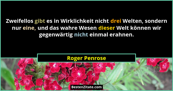 Zweifellos gibt es in Wirklichkeit nicht drei Welten, sondern nur eine, und das wahre Wesen dieser Welt können wir gegenwärtig nicht e... - Roger Penrose