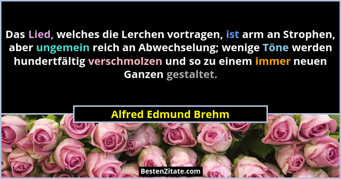 Das Lied, welches die Lerchen vortragen, ist arm an Strophen, aber ungemein reich an Abwechselung; wenige Töne werden hundertfäl... - Alfred Edmund Brehm