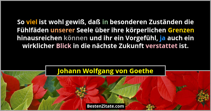So viel ist wohl gewiß, daß in besonderen Zuständen die Fühlfäden unserer Seele über ihre körperlichen Grenzen hinausreic... - Johann Wolfgang von Goethe
