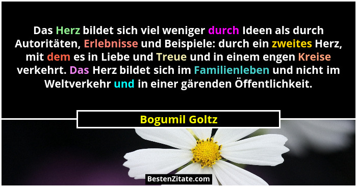 Das Herz bildet sich viel weniger durch Ideen als durch Autoritäten, Erlebnisse und Beispiele: durch ein zweites Herz, mit dem es in L... - Bogumil Goltz