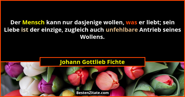 Der Mensch kann nur dasjenige wollen, was er liebt; sein Liebe ist der einzige, zugleich auch unfehlbare Antrieb seines Wolle... - Johann Gottlieb Fichte