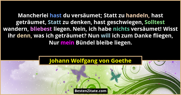 Mancherlei hast du versäumet; Statt zu handeln, hast geträumet, Statt zu denken, hast geschwiegen, Solltest wandern, blie... - Johann Wolfgang von Goethe