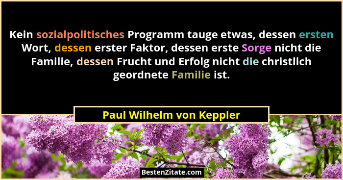 Kein sozialpolitisches Programm tauge etwas, dessen ersten Wort, dessen erster Faktor, dessen erste Sorge nicht die Familie... - Paul Wilhelm von Keppler