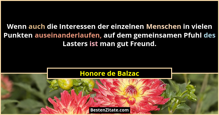 Wenn auch die Interessen der einzelnen Menschen in vielen Punkten auseinanderlaufen, auf dem gemeinsamen Pfuhl des Lasters ist man... - Honore de Balzac