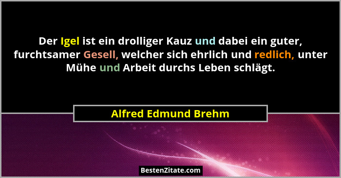Der Igel ist ein drolliger Kauz und dabei ein guter, furchtsamer Gesell, welcher sich ehrlich und redlich, unter Mühe und Arbeit... - Alfred Edmund Brehm