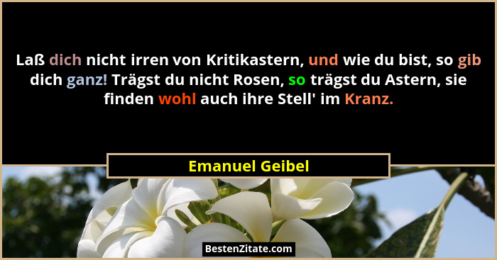 Laß dich nicht irren von Kritikastern, und wie du bist, so gib dich ganz! Trägst du nicht Rosen, so trägst du Astern, sie finden wohl... - Emanuel Geibel