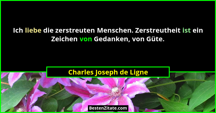Ich liebe die zerstreuten Menschen. Zerstreutheit ist ein Zeichen von Gedanken, von Güte.... - Charles Joseph de Ligne