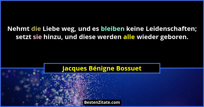 Nehmt die Liebe weg, und es bleiben keine Leidenschaften; setzt sie hinzu, und diese werden alle wieder geboren.... - Jacques Bénigne Bossuet