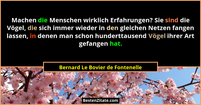 Machen die Menschen wirklich Erfahrungen? Sie sind die Vögel, die sich immer wieder in den gleichen Netzen fangen la... - Bernard Le Bovier de Fontenelle