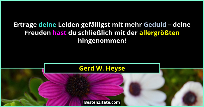 Ertrage deine Leiden gefälligst mit mehr Geduld – deine Freuden hast du schließlich mit der allergrößten hingenommen!... - Gerd W. Heyse