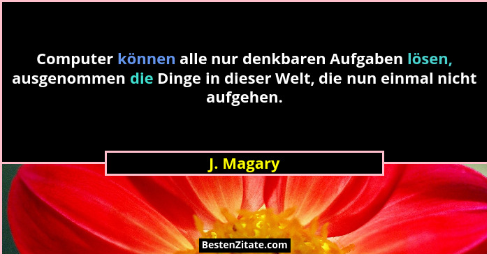 Computer können alle nur denkbaren Aufgaben lösen, ausgenommen die Dinge in dieser Welt, die nun einmal nicht aufgehen.... - J. Magary