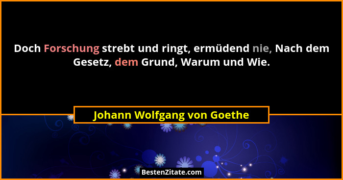 Doch Forschung strebt und ringt, ermüdend nie, Nach dem Gesetz, dem Grund, Warum und Wie.... - Johann Wolfgang von Goethe
