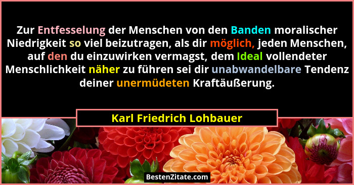 Zur Entfesselung der Menschen von den Banden moralischer Niedrigkeit so viel beizutragen, als dir möglich, jeden Menschen, a... - Karl Friedrich Lohbauer