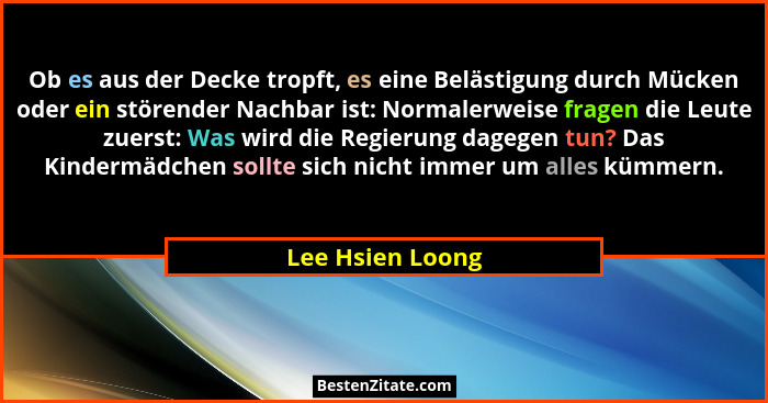 Ob es aus der Decke tropft, es eine Belästigung durch Mücken oder ein störender Nachbar ist: Normalerweise fragen die Leute zuerst:... - Lee Hsien Loong