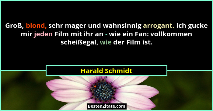 Groß, blond, sehr mager und wahnsinnig arrogant. Ich gucke mir jeden Film mit ihr an - wie ein Fan: vollkommen scheißegal, wie der Fi... - Harald Schmidt