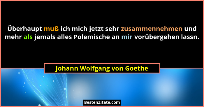 Überhaupt muß ich mich jetzt sehr zusammennehmen und mehr als jemals alles Polemische an mir vorübergehen lassn.... - Johann Wolfgang von Goethe