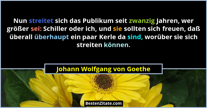 Nun streitet sich das Publikum seit zwanzig Jahren, wer größer sei: Schiller oder ich, und sie sollten sich freuen, daß ü... - Johann Wolfgang von Goethe