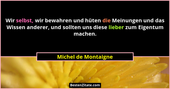 Wir selbst, wir bewahren und hüten die Meinungen und das Wissen anderer, und sollten uns diese lieber zum Eigentum machen.... - Michel de Montaigne