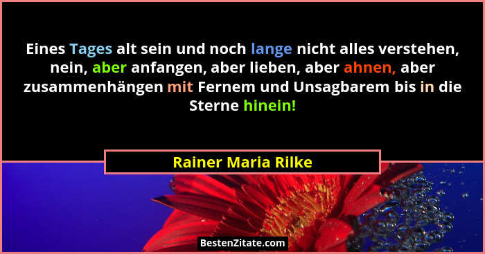 Eines Tages alt sein und noch lange nicht alles verstehen, nein, aber anfangen, aber lieben, aber ahnen, aber zusammenhängen mit... - Rainer Maria Rilke