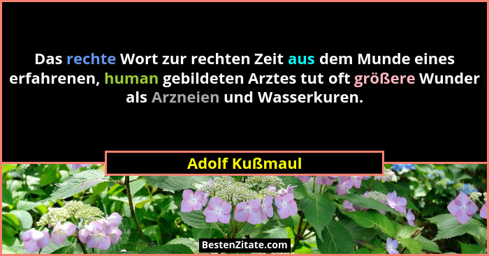 Das rechte Wort zur rechten Zeit aus dem Munde eines erfahrenen, human gebildeten Arztes tut oft größere Wunder als Arzneien und Wasse... - Adolf Kußmaul