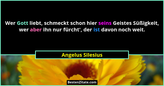 Wer Gott liebt, schmeckt schon hier seins Geistes Süßigkeit, wer aber ihn nur fürcht', der ist davon noch weit.... - Angelus Silesius