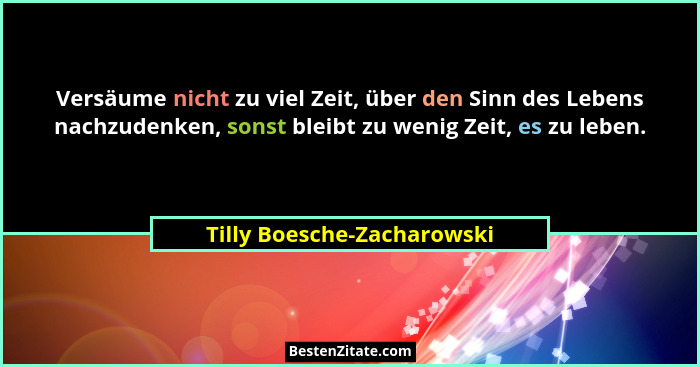 Versäume nicht zu viel Zeit, über den Sinn des Lebens nachzudenken, sonst bleibt zu wenig Zeit, es zu leben.... - Tilly Boesche-Zacharowski