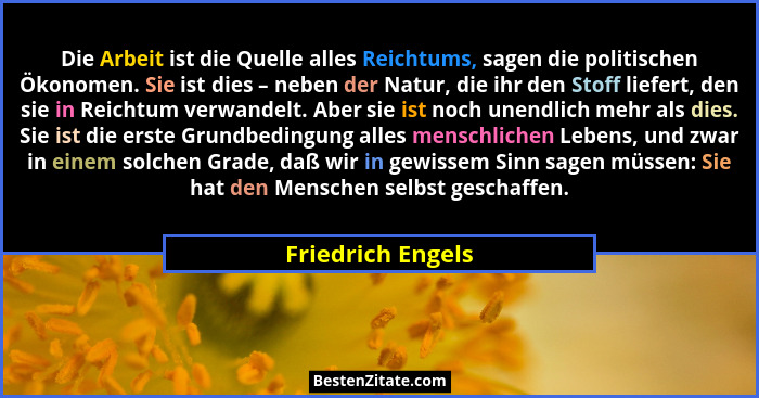 Die Arbeit ist die Quelle alles Reichtums, sagen die politischen Ökonomen. Sie ist dies – neben der Natur, die ihr den Stoff liefer... - Friedrich Engels