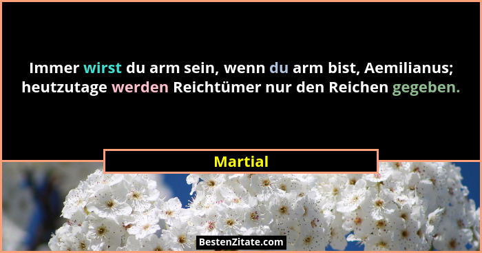 Immer wirst du arm sein, wenn du arm bist, Aemilianus; heutzutage werden Reichtümer nur den Reichen gegeben.... - Martial