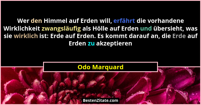Wer den Himmel auf Erden will, erfährt die vorhandene Wirklichkeit zwangsläufig als Hölle auf Erden und übersieht, was sie wirklich ist... - Odo Marquard
