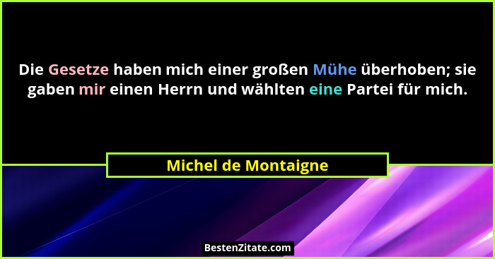 Die Gesetze haben mich einer großen Mühe überhoben; sie gaben mir einen Herrn und wählten eine Partei für mich.... - Michel de Montaigne