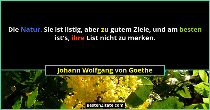 Die Natur. Sie ist listig, aber zu gutem Ziele, und am besten ist's, ihre List nicht zu merken.... - Johann Wolfgang von Goethe