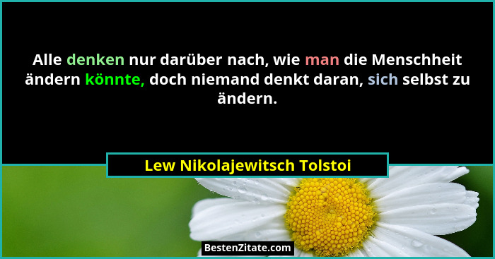 Alle denken nur darüber nach, wie man die Menschheit ändern könnte, doch niemand denkt daran, sich selbst zu ändern.... - Lew Nikolajewitsch Tolstoi
