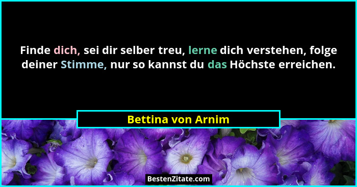 Finde dich, sei dir selber treu, lerne dich verstehen, folge deiner Stimme, nur so kannst du das Höchste erreichen.... - Bettina von Arnim