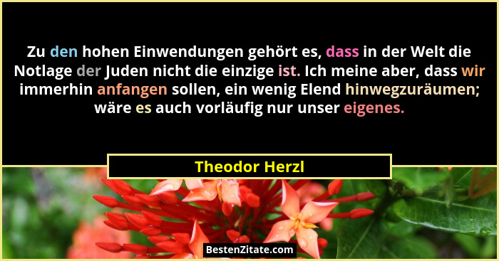 Zu den hohen Einwendungen gehört es, dass in der Welt die Notlage der Juden nicht die einzige ist. Ich meine aber, dass wir immerhin a... - Theodor Herzl