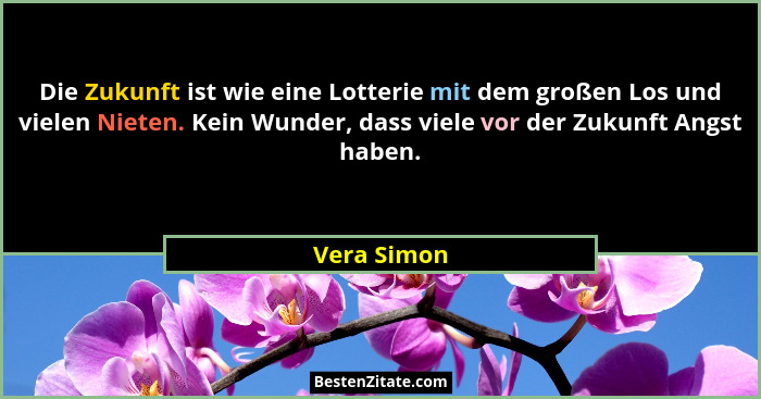 Die Zukunft ist wie eine Lotterie mit dem großen Los und vielen Nieten. Kein Wunder, dass viele vor der Zukunft Angst haben.... - Vera Simon