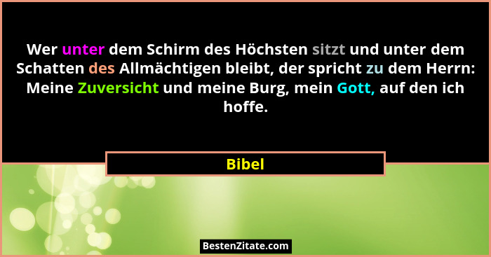 Wer unter dem Schirm des Höchsten sitzt und unter dem Schatten des Allmächtigen bleibt, der spricht zu dem Herrn: Meine Zuversicht und meine B... - Bibel